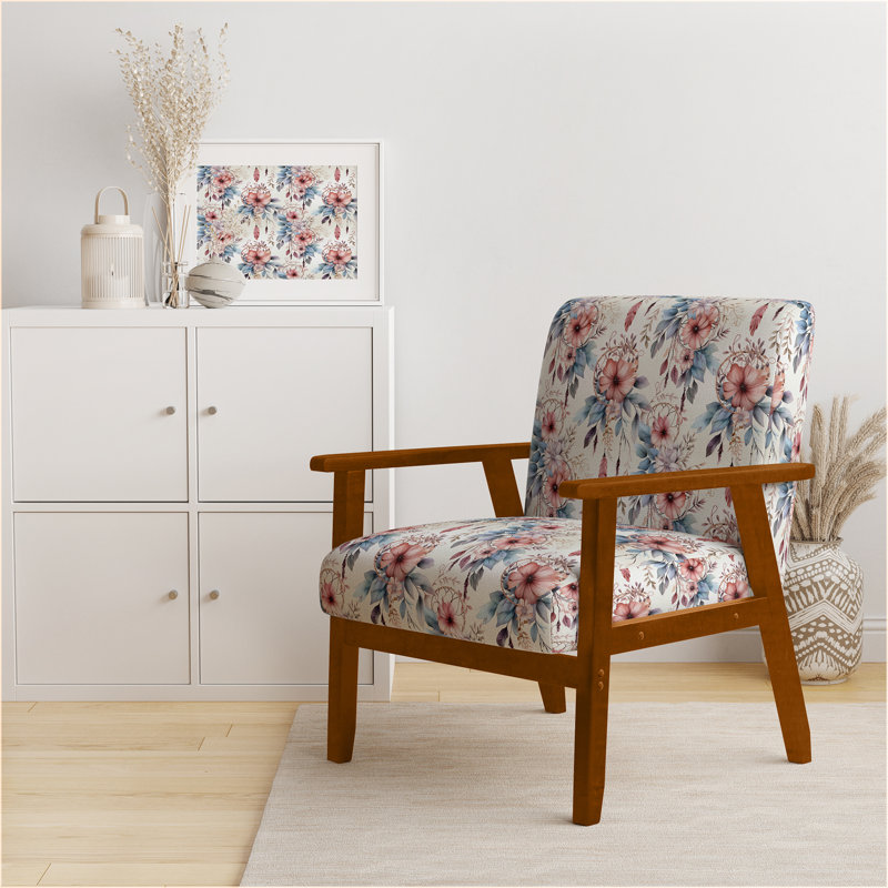 Fauteuil d'appoint rembourré rose et bleu Dreamcatchers Boho, Accoudoirs carrés bruns