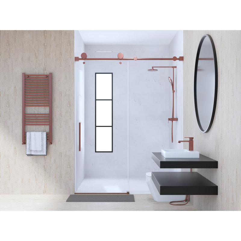 Rose Copper Satin Frameless Sliding Roller Shower Door 3/8 Tempered Glass 