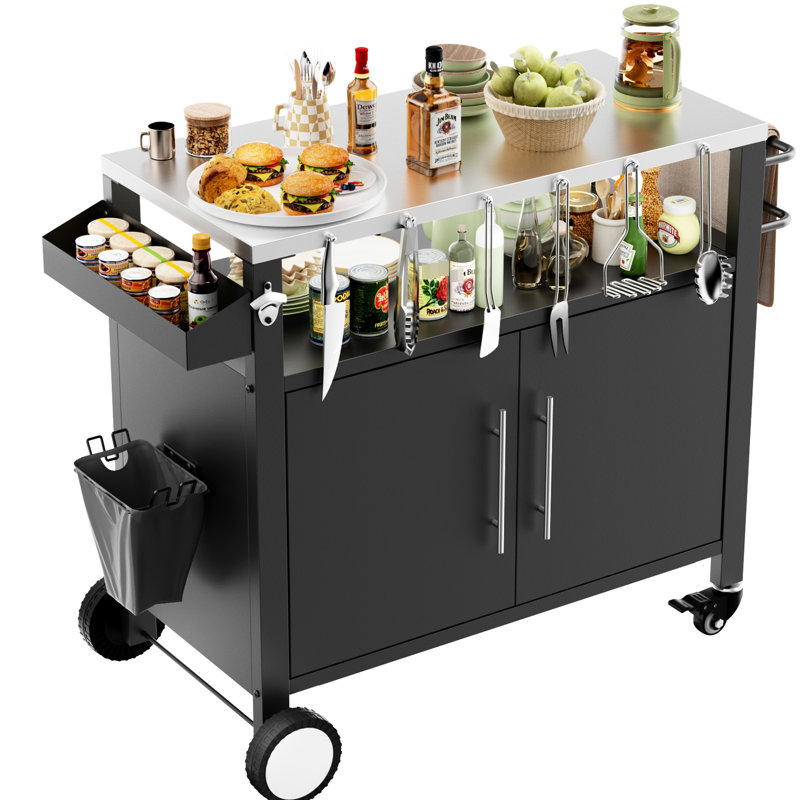 Chariot barbecue noir extérieur avec plateau à couches mobile et poubelle amovible