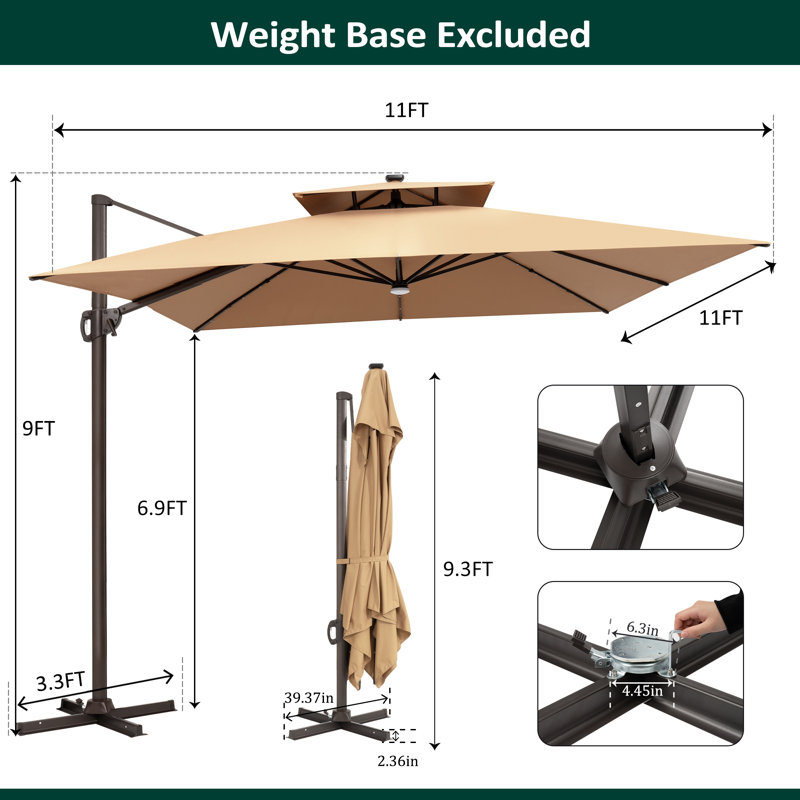 128' X 128' Square Outdoor Solar Led Cantilever Patio Umbrella without Weighted Base, Tanné