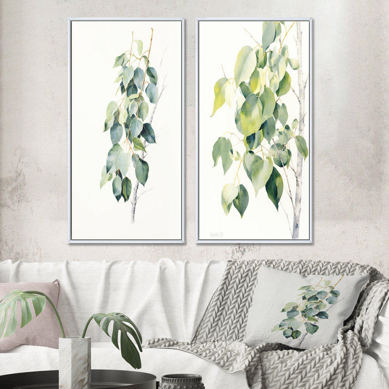 «Green White Minimalisme Eucalyptus Essence» 2 - pièces sur toile, Cadre blanc, H 32 po x l 32 po