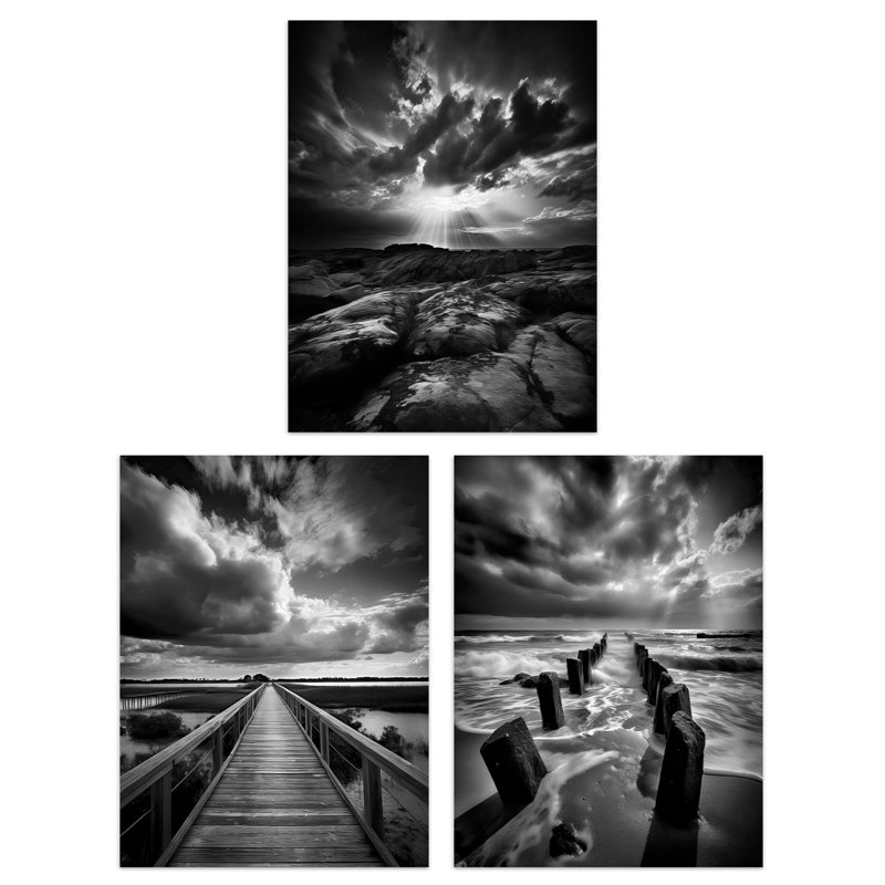 Atmospheric Clouds Black White Dramatic Coastal Landscapes - 3 Piece No Frame Print Set, 29.7cm H x 21cm W x 0.4cm D
