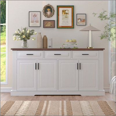 Buffet cannelé avec rangement, station de café moderne avec 4 portes et 3 tiroirs, console de rangement pour la cuisine, salon, entrée, salle à manger
