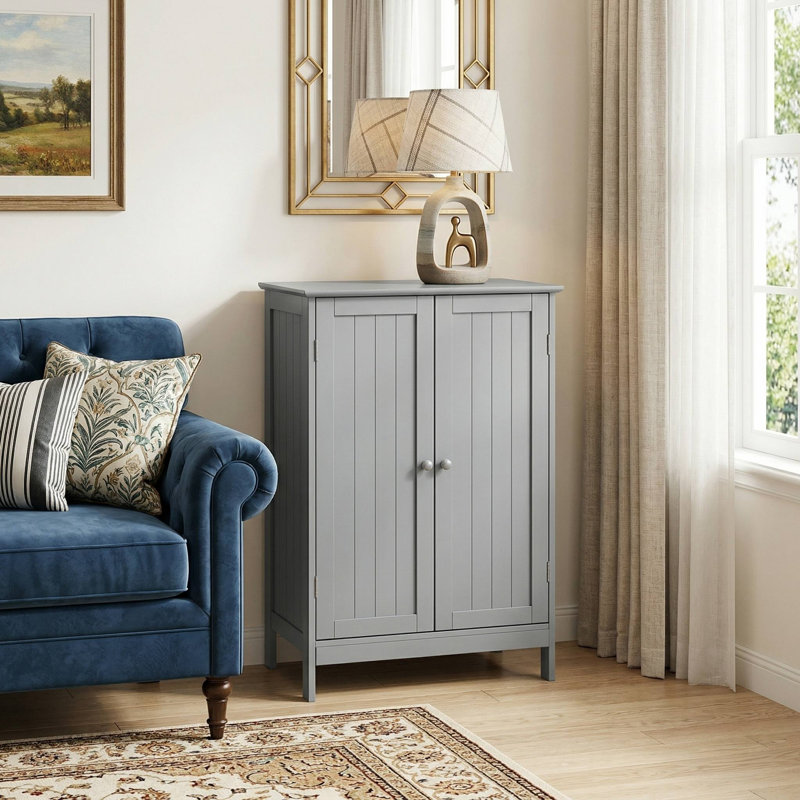 Wooden 2 Door Freestanding Bathroom Storage Cabinet With Customizable Adjustable Internal Shelves For Bathroom, Gray
