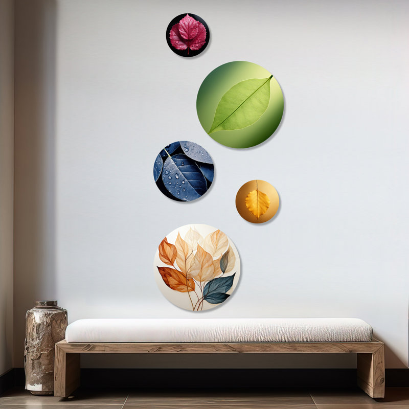 Cuivre, feuilles, abstractions - feuilles, feuilles, ensemble d'art mural rond de 5