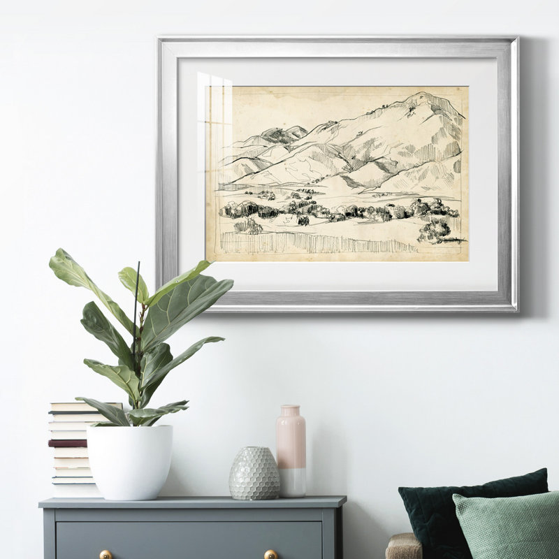 Croquis de montagne I, Papier avec cadre argenté, H 18,5 po x l 24,5 po x P 1 po, Blanc