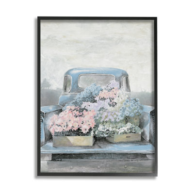 «Varied Floral Blossoms Vintage Countryside Pickup Truck», peinture sur toile à cadre flottant