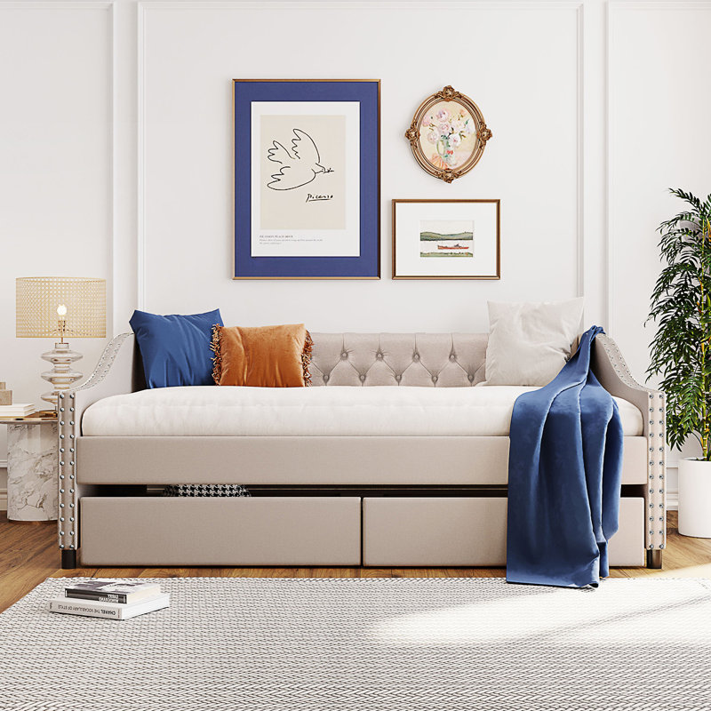 Upholstered Daybed With Two Drawers, Beige