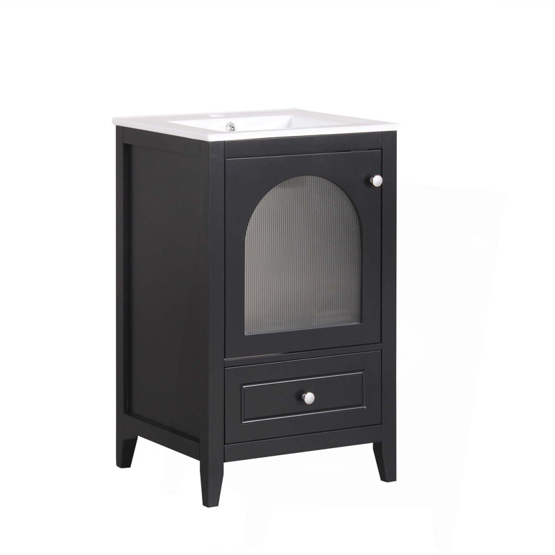 Meuble-lavabo de 20 po avec lavabo, armoire de salle de bain avec porte en verre à fermeture douce, tiroir, Noir