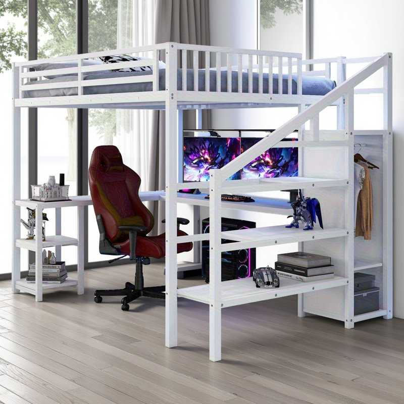 Grand lit mezzanine en métal blanc avec garde-robe, bureau en L, charge USB et lumière DEL pour enfants, adolescents et adultes