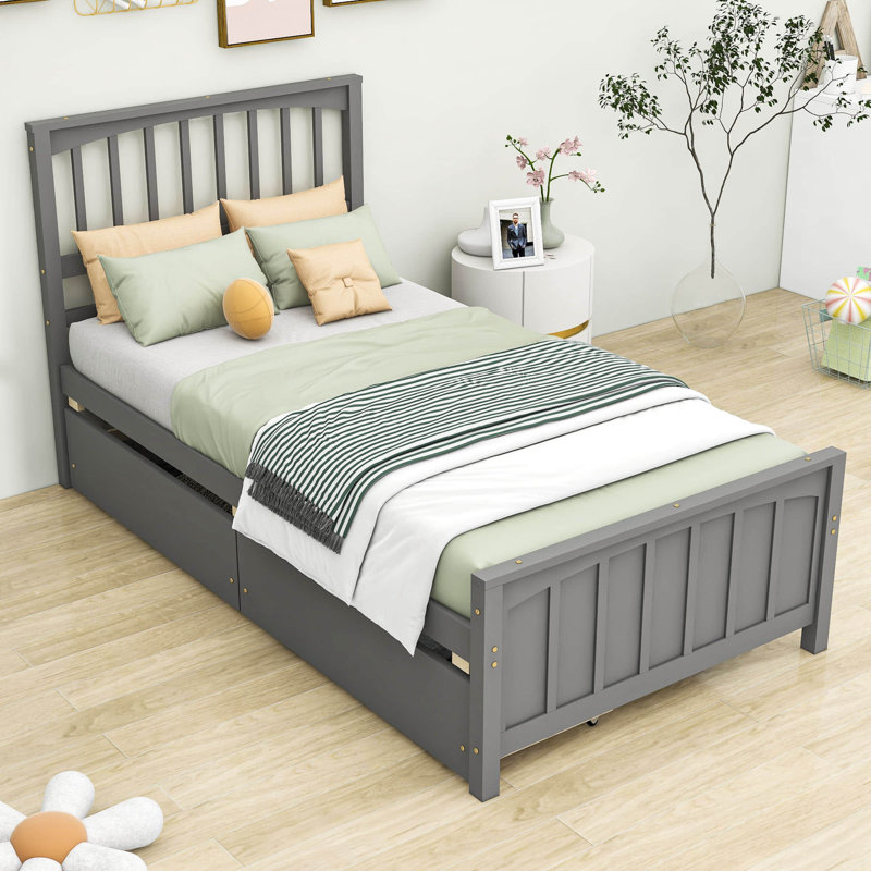 Twin Size 2 Drawers Platform Bed with Headboard, Gray