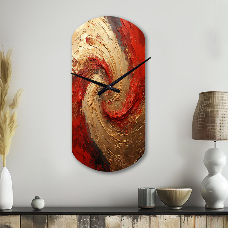Red Gold Fusion Spiral - horloge murale asymétrique en métal avec spirale abstraite, Grand