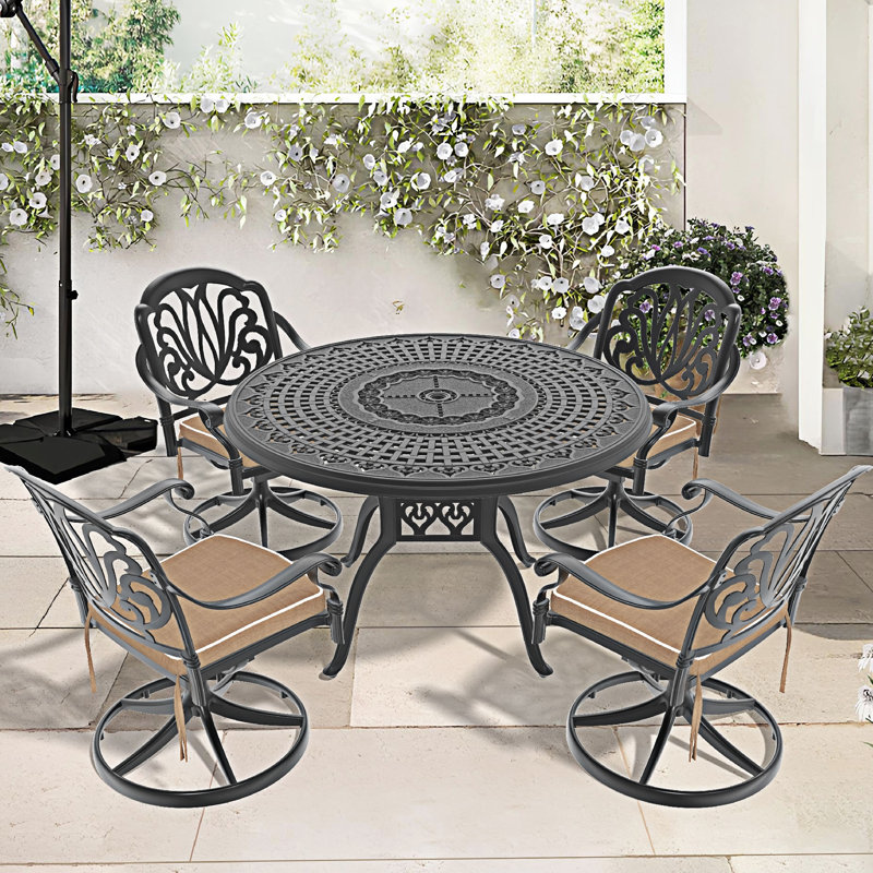 5-Piece All-Weather Cast Aluminum Dining Set, 4, Beige