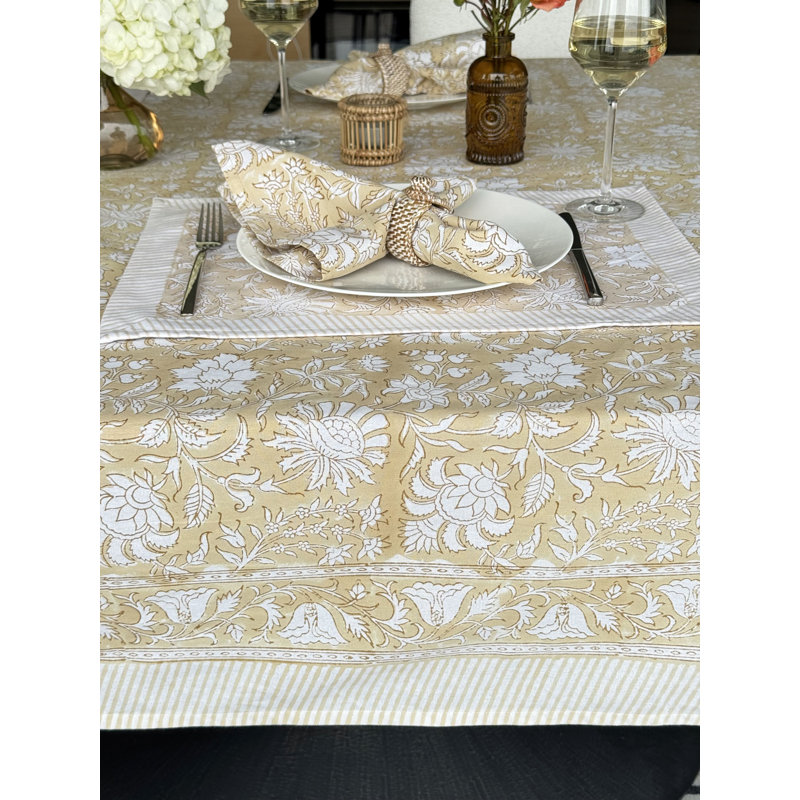 Hand Block Print Tablecloth, Yellow, 108" L x 70" W