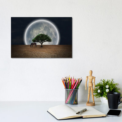 Surrealism Horse Grazes Near Green Tree In Arid Land Full Moon At The Horizon 1 Piece Wall Art on Canvas