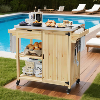 Portable Outdoor Grill Cart with Storage Cabinet, Stainless Steel Top, Drawer, Open Shelves & Spice Rack – Rolling BBQ Prep Table Kitchen Island for Patio, Garden, Backyard – Sturdyified Wood
