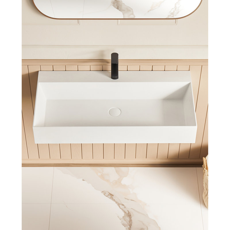 36" X 18" Matte White Wall Mounted Solid Surface Rectangular Vessel Sink With Faucet Hole. Spacious Bathroom For Practical Bath Themes. Construction Feature. Easy Installation Pledge Transitional