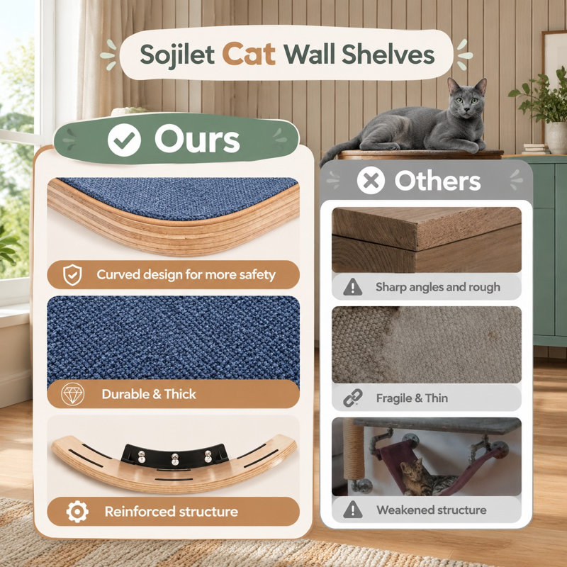 Meuble mural flottant moderne en bois pour chat avec perchoir, échelle et marches ; conception peu encombrante avec coussin à griffer et housse amovible pour grimper, sauter et dormir