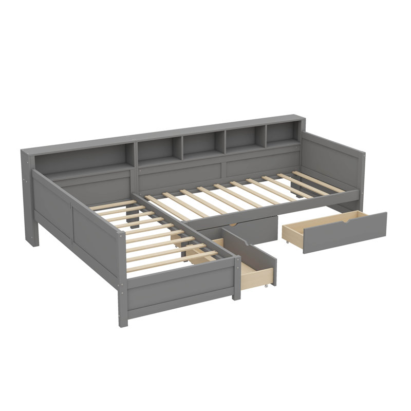 Structure de lit de jour simple en L en forme de L pour deux personnes, avec 3 tiroirs de rangement et une bibliothèque, lit d'angle pour la chambre à coucher