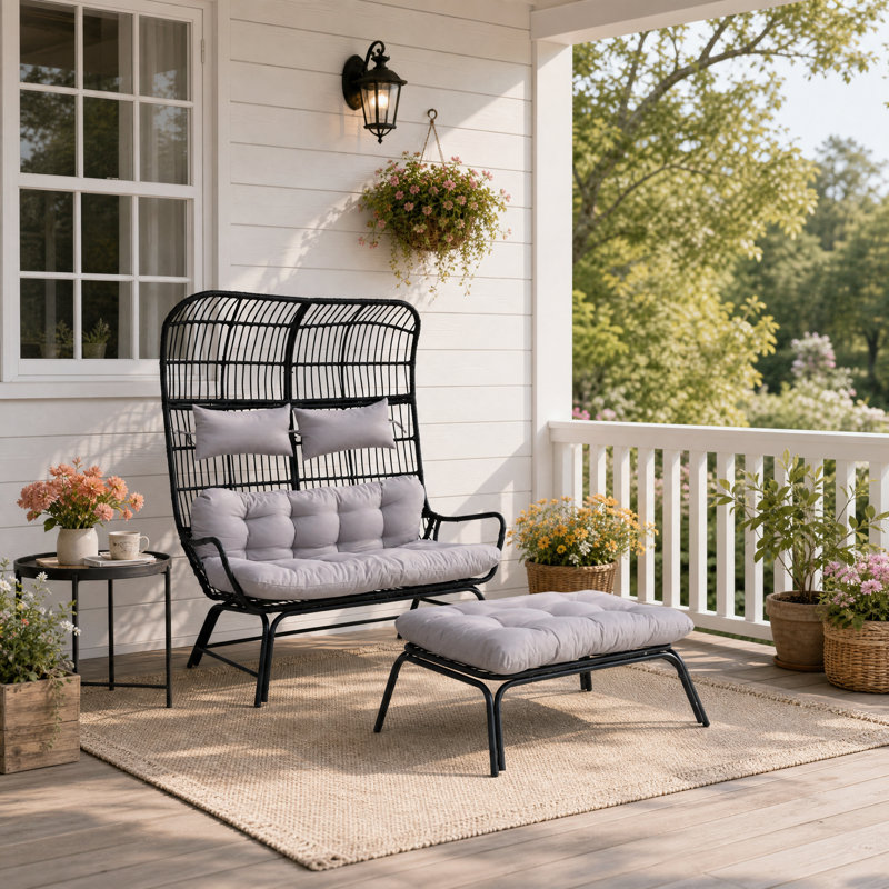 2-Piece Outdoor Wicker Patio Set With Detachable Cushions, Gray, Black