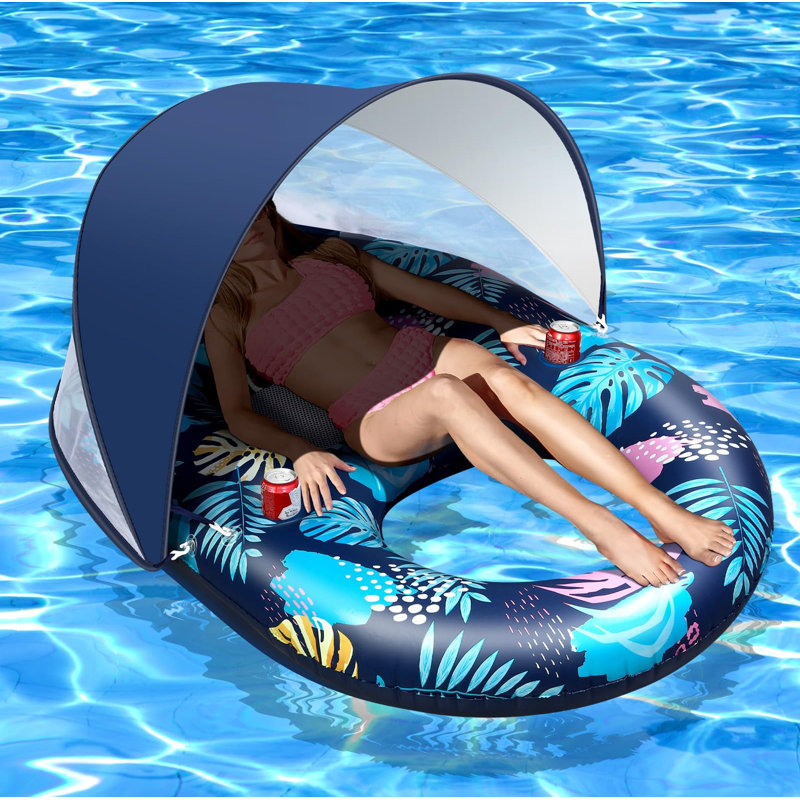 Inflatable Pool Floats With Removable Canopy, Large Pool Beach Floating Raft Lounge With 2 Cup Holders, Swimming Inflatable Pool Floats For Beach, Lake, Party