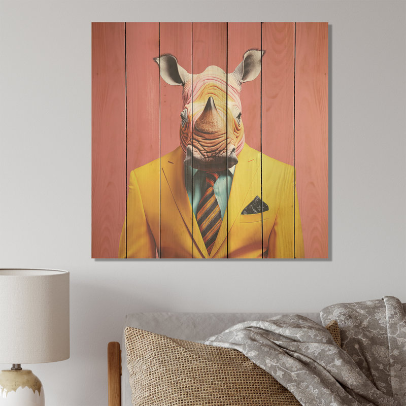 Adorable rhinocéros en jaune II - Rhinocéros sur bois, H 36 po x l 36 po