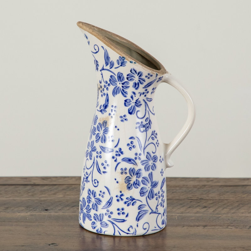 10.5in. Floral Tuscan Ceramic Blue Scroll Pitcher Vase