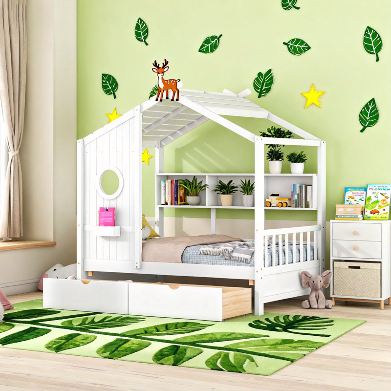 Lit simple en bois avec 2 tiroirs, Lit simple, Blanc