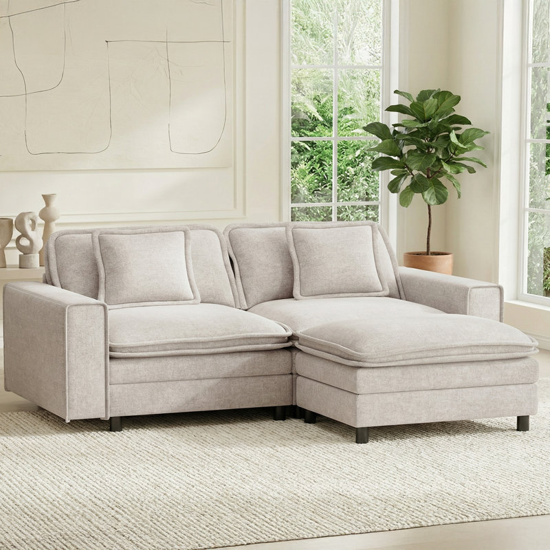75" Wide Comfy Cloud Loveseat Sofa With Ottoman - L-Shape 2-Seater Couch Sofa For Small Living Spaces, Cream