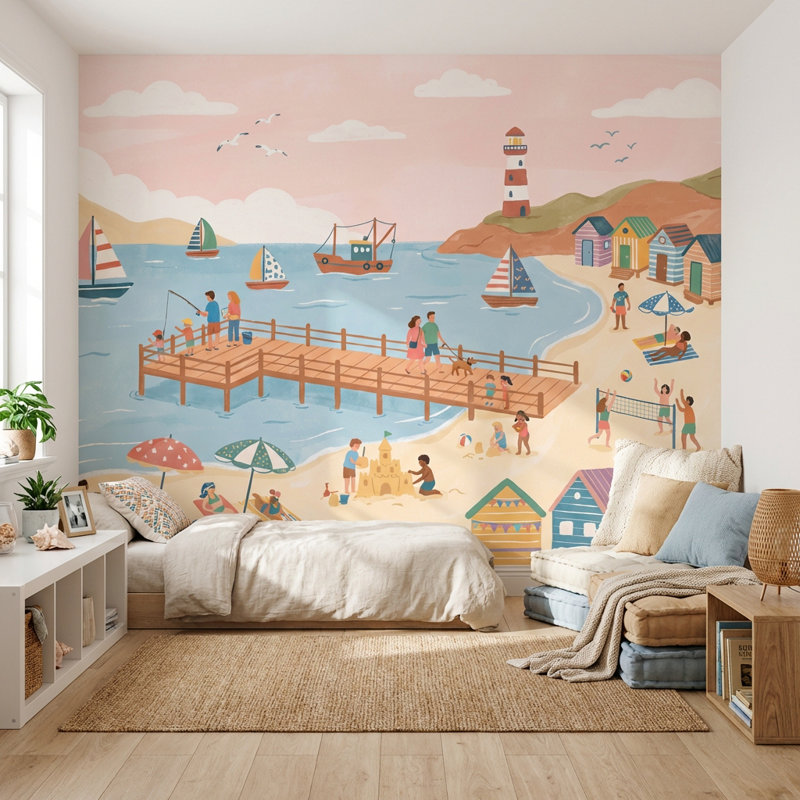 Adhésif mural plage, voiliers de plage, 100 po x 96 po, Non tissé non collé