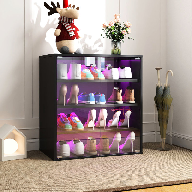 Led Shoe Storage Container - 4 Tier Stackable Wooden Box With Glass Door For Sneakers & Tempered Display, Black