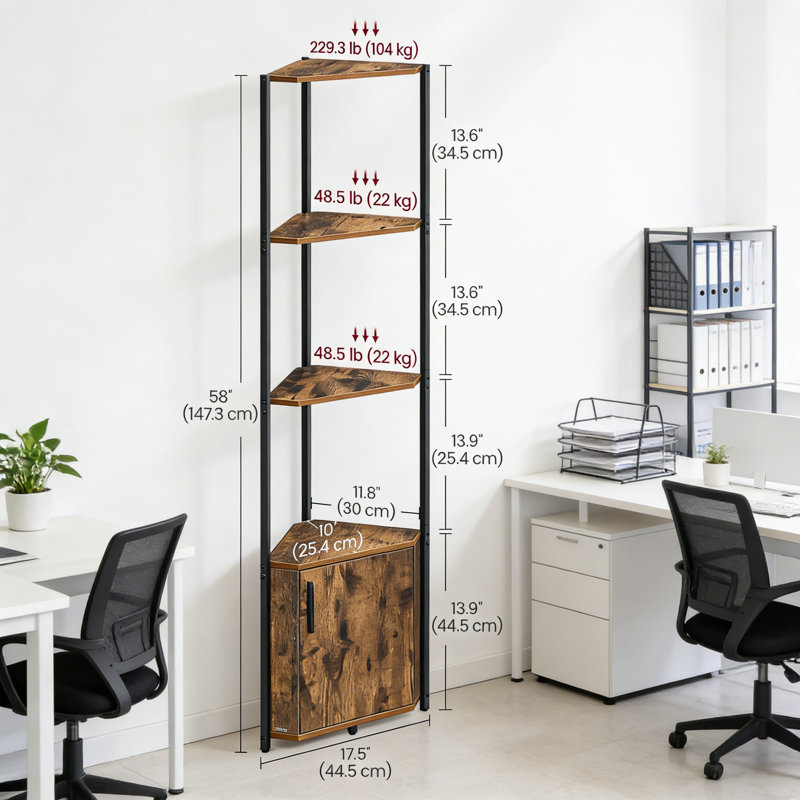 147.3cm H x 44.5cm W Corner Bookcase, Brown/Black