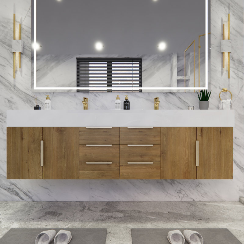 Ensemble de meuble-lavabo double mural 71 po Thomason, Blanc brillant, Chêne