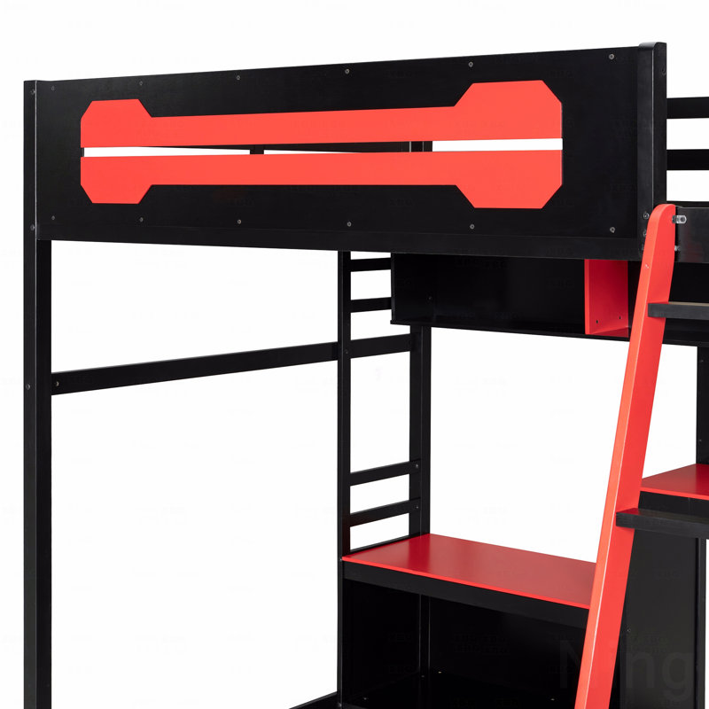 Full Size Wooden Frame Material Loft Bed Frame With Desk, Shelves, With Led Lighting Function Lights, With Usb Charging Function Ports And Pegboard, In Black Finish+Red