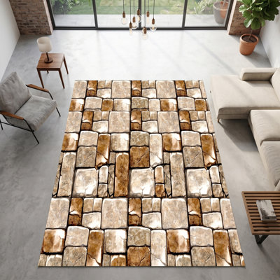 Marble-Inspired Indoor/Outdoor Area Rug with Non-Slip Rubber Backing, Machine Washable Polyester Carpet