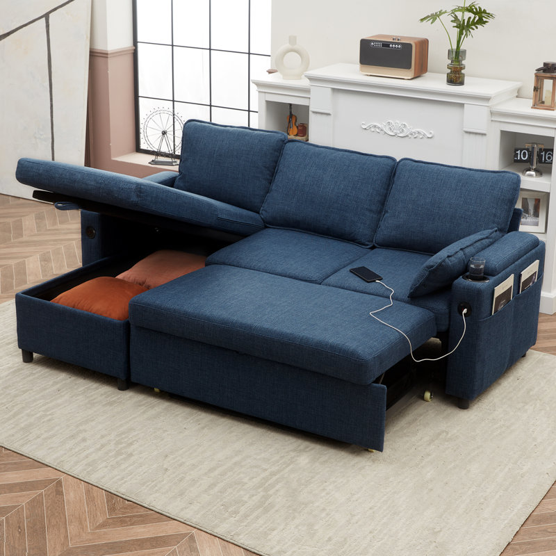 L Shaped Sofa Sleeper & Chaise, Blue