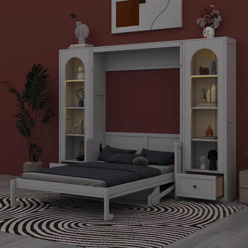 Grand lit escamotable avec bureau, lit mural horizontal avec armoires latérales de rangement, tiroirs et lumière DEL, Blanc