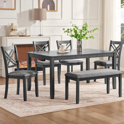 Ensemble de salle à manger de cuisine 6 pièces, table de salle à manger rectangulaire en bois avec 4 chaises rembourrées et un banc, ensemble de table de salle à manger
