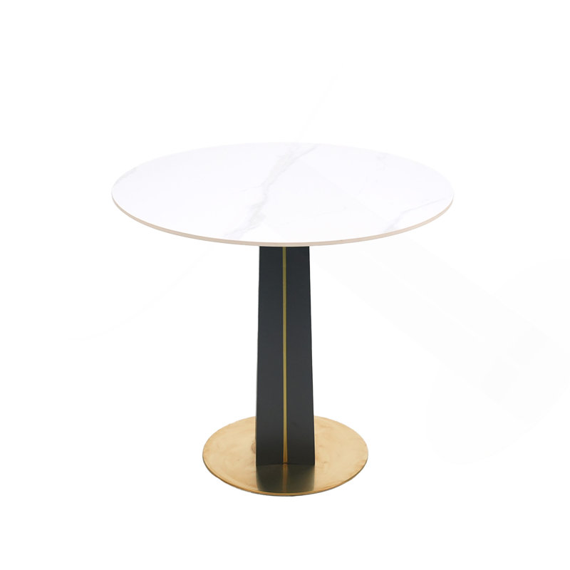 Table de ronde ronde moderne - plateau en pierre frittée blanche de 85 cm, pieds en bois noir avec base en métal doré, Blanc