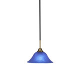Ayrshire Stem Hung Pendant Shown In Matte Black & Brass Finish With 10" Blue Italian Glass