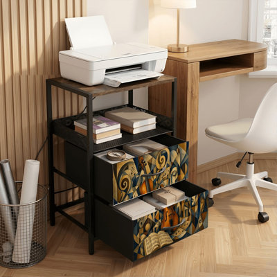 Table de chevet 2 tiroirs avec station de charge, table de chevet de chambre à coucher avec ports USB, tablette ouverte noire, table de chevet avec composition musicale abstraite, violon, partition, géométrique, cubisme, reproduction d'art