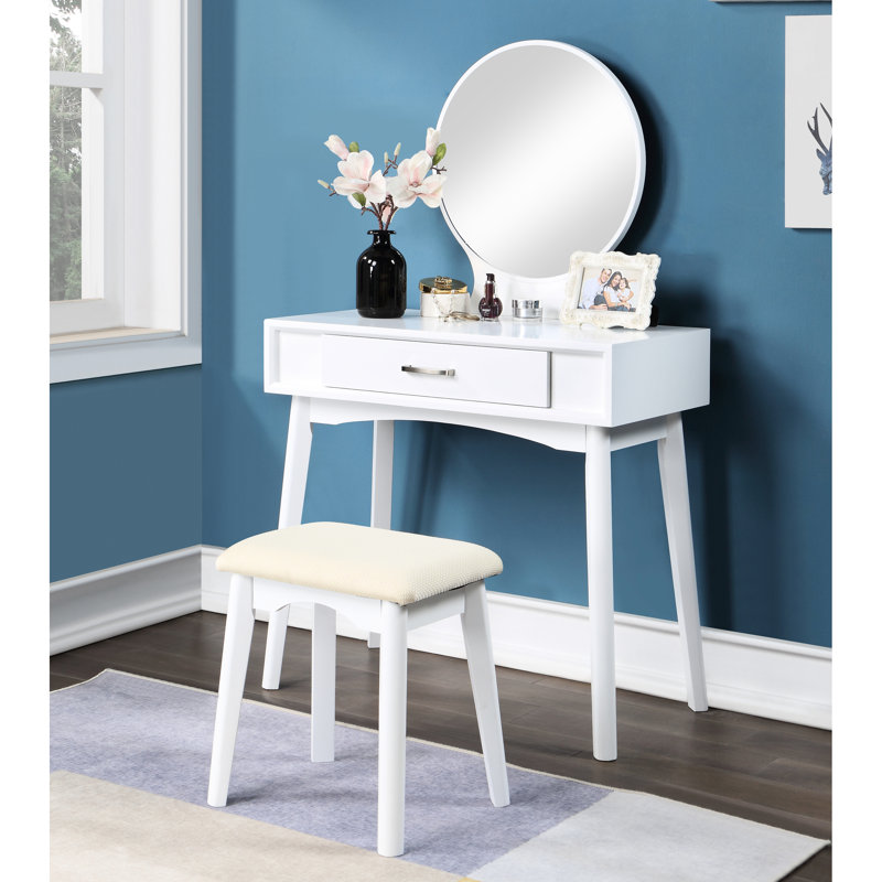 Modern White Vanity And Stool By - Solid Rubberwood Frame With Matching Enhance Your Dressing Area Contemporary , Elegant For Living Decor Table Drawer Round Mirror Included