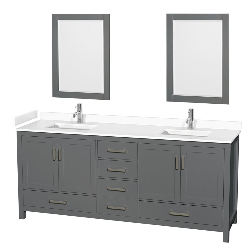 Sheffield 60" Bathroom Vanity Set with 24" Mirror, White Cultured Marble, White, 80" W