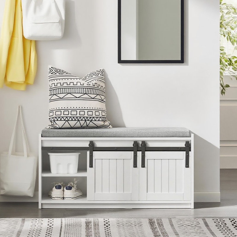 Storage Bench Shoe Bench White Wooden with Sliding Barn Doors,Upholstered Entryway Bench with Storage,for Hallway Entrance,35.43"W x 13.78"D x 18.11"H