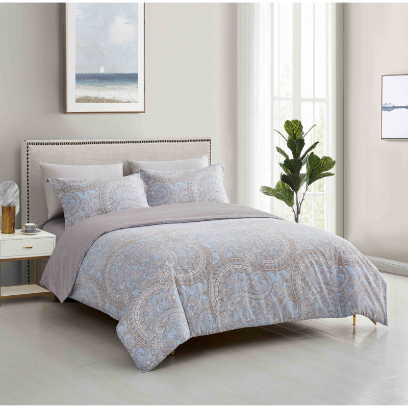 Ensemble de housse de couette réversible en microfibre bleue 3 pièces, Housse de couette grand + 2 taies décoratives
