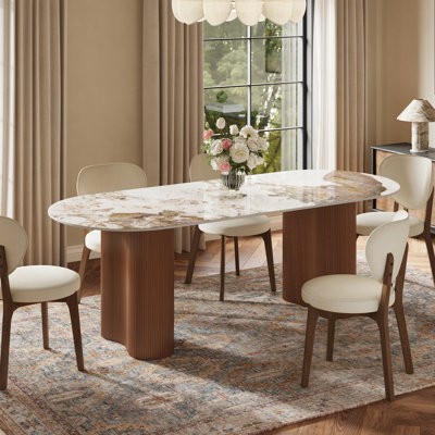 Table de salle à manger ovale moderne 71 "pour 6 personnes Jamani, plateau en pierre frittée blanc brillant, pieds en bois massif