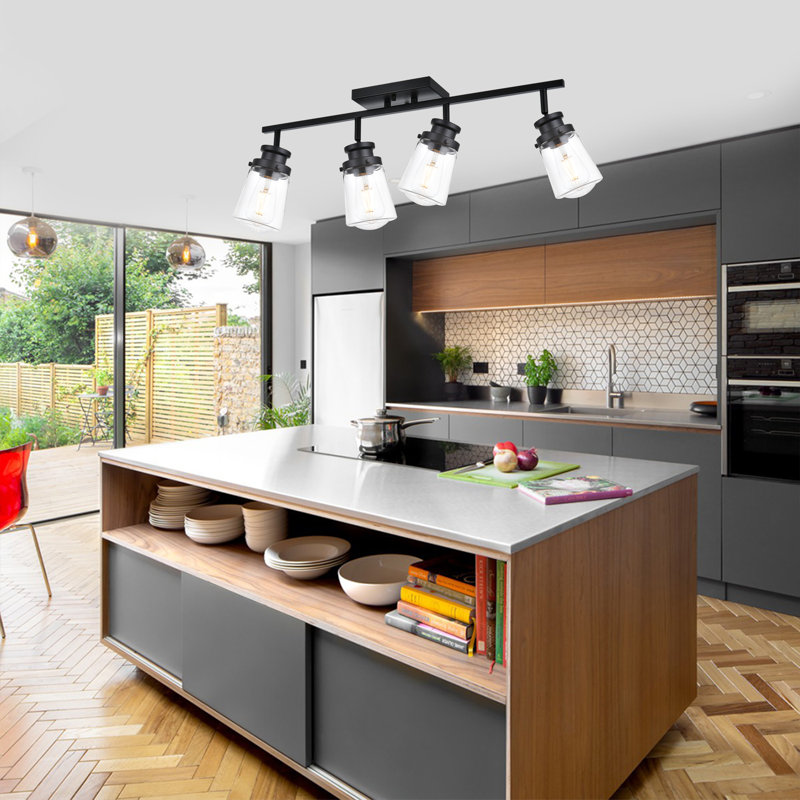 Lighting Track Light, Modern Fixed Rail Lighting With Clear Glass Shade, 4-Light Kitchen Ceiling Light In Black Finished.