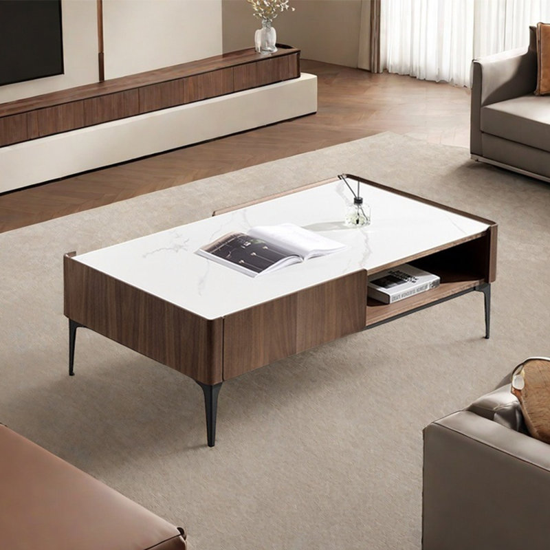 Table basse moderne simple carrée, Blanc / Brun, 15.7" H x 51.2" L x 27.6" W
