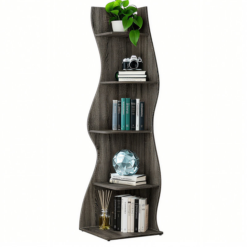 5-Tier Corner Bookcase, Unique Geometric Design Bookshelf, Dark Gray