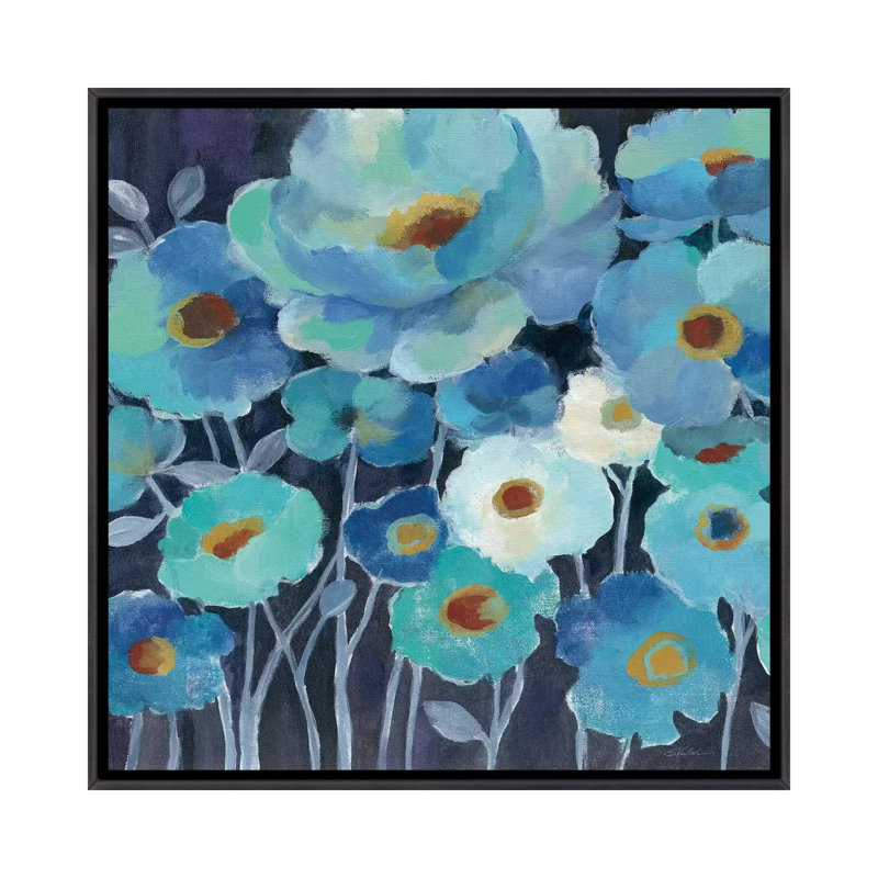 Fleurs indigo II par Silvia Vassileva - reproduction d'art, H 37 po x l 37 po x P 1,5 po, Toile avec cadre noir patiné